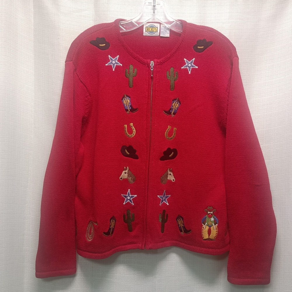 Vtg ROD'S Womens M Red Embroidered Cardigan Full Zip Sweater Western Appliques‎
